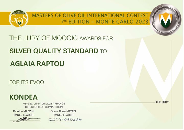 Masters of Olive Oil International Contest 2023 certificate